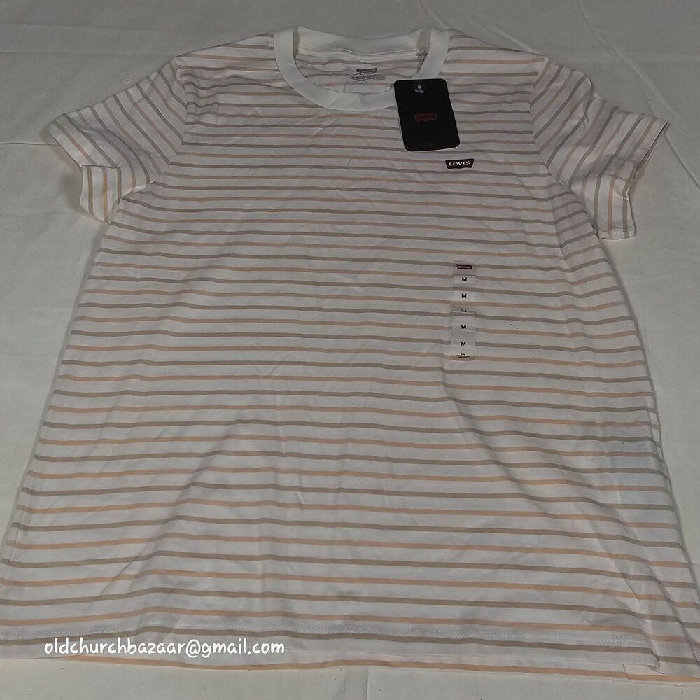 Levi's Shirt Womens M White Striped Crew Neck Casual Basic Short Sleeve